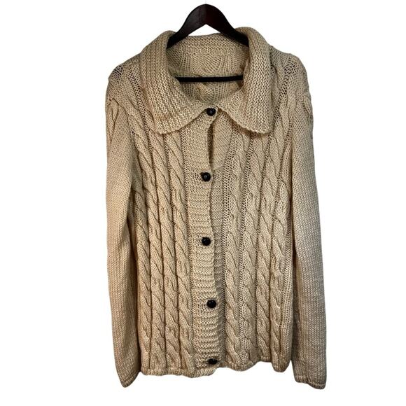 Women's Cable Knit Sweater | Cream | Hand Knit  |Collared Cardigan | Size XL - Picture 1 of 8